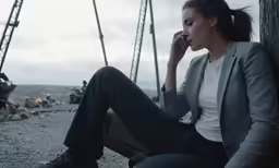a woman sitting on the ground while talking on her cell phone