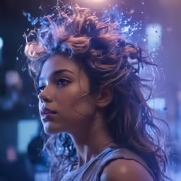 a woman with her hair in the air and stars above her head