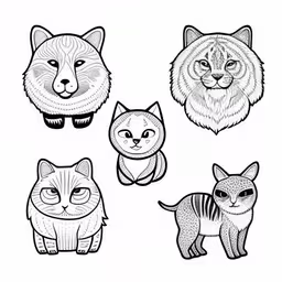 four cats with a collar and eyes in different poses,cat face drawings by person from the illustration series `