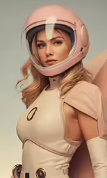 a model with a large breast wearing a motorcycle helmet and dress
