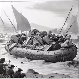 black and white photograph of people in an inner tube raft with fishing gear on top of it