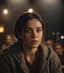 the woman is looking at the camera with serious expression
