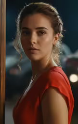 a woman with blonde hair is looking at the camera
