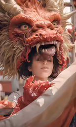 young girl in headdress wearing monster like head covering