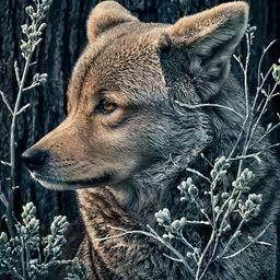 a wolf resting in the woods with some plants