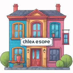 the word clue is in the front window of a colorful, multicolored house