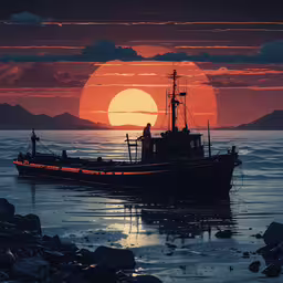 a boat that is sitting in the water,a boat is sitting on the water in front of a sun