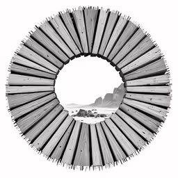 an oval frame with a landscape of water and snow