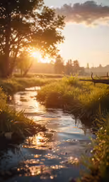 a creek is next to some trees on the shore