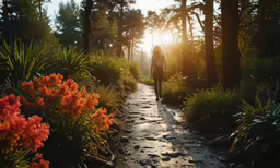 a person is riding a bike down a trail surrounded by flowers