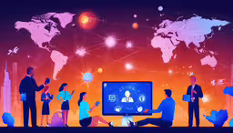 a graphic featuring people surrounding a television,people are in front of a large tv with an illustration on it