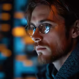 a man in glasses stares intently away from the camera