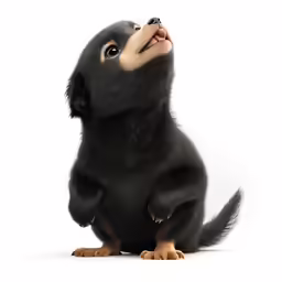 an adorable puppy sits and looks up while its eyes open