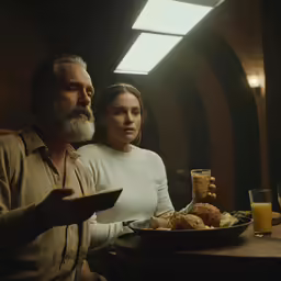 a man sitting next to a woman at a table
