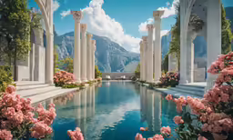 a pool sits surrounded by flowers and columns