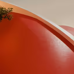 the curved wall and the plant are all painted bright orange