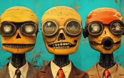 three yellow heads wearing suits and three smaller yellow heads wearing brown uniforms