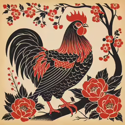 an oriental painting depicting a rooster and flowers
