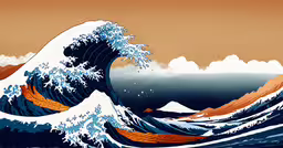 a painting of an ocean wave with brown clouds,an illustration of an ocean wave with oranges