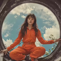 a woman in an orange jumpsuit sitting in a large circle