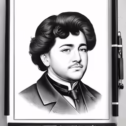 the framed drawing of an old man is on display next to a pen and ruler