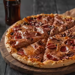 pizza on wooden board with pepperoni and cheese