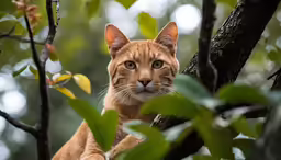 an orange cat with blue eyes peeking through the branches