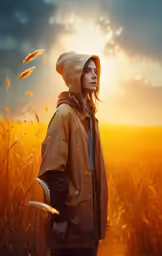 a woman standing in a field with the sun behind her