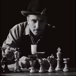 man sitting at table with chess pieces and one pawn