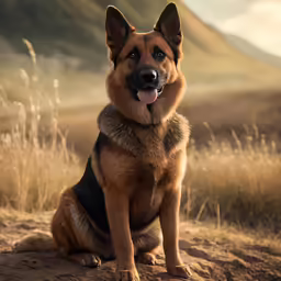 a dog with a harness sitting in a field