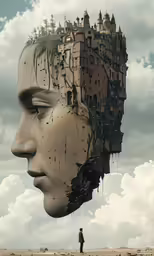 an artistic image of a man with buildings on his head
