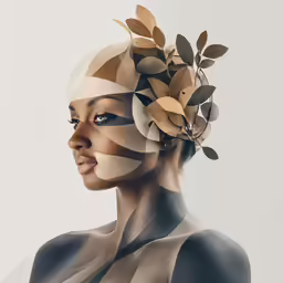 an artwork shows a woman with leaves and a circle around her