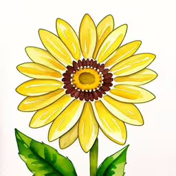a drawing of a yellow flower with green leaves,an image of a large flower in watercolor