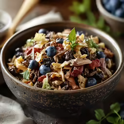 the bowl is filled with fruit and salad