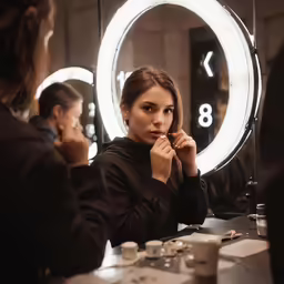 a woman in a black sweater sitting in front of a mirror