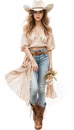 the young lady is dressed in jeans and boots