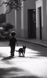 there is a small child walking with a cat