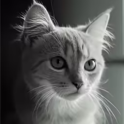 a grey and white cat sitting in front of a window