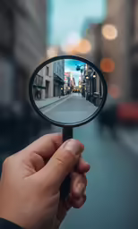 a person holding a magnifying glass over a street