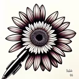 a drawing of a sunflower with a pen on it,a pen drawing a drawing of a flower
