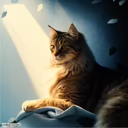 a cat on the windowsill with long fur laying on a bed