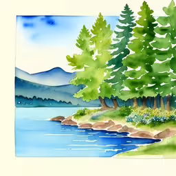 a watercolor painting of trees near a river