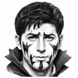 black and white photo of a man with painted face