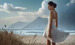a girl in a short white dress standing on a beach