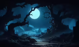 an empty road in the moonlight with tree limbs