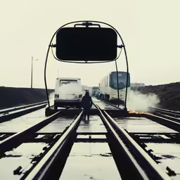 a person standing in front of a truck next to a train track