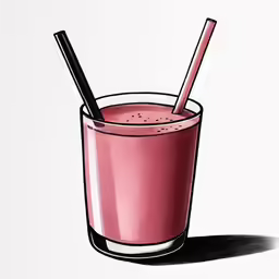 a drawing of a glass full of pink liquid with two straws sticking out of the top