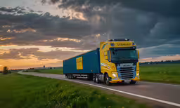 large yellow semi truck with a trailer hauling an enclosed trailer on a country road at sunset,a yellow semi - truck travels down a country road