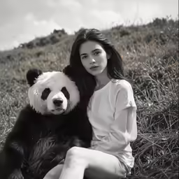 a beautiful woman sitting next to a panda bear