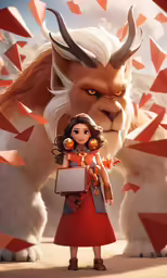 a young woman standing in front of an animated animal